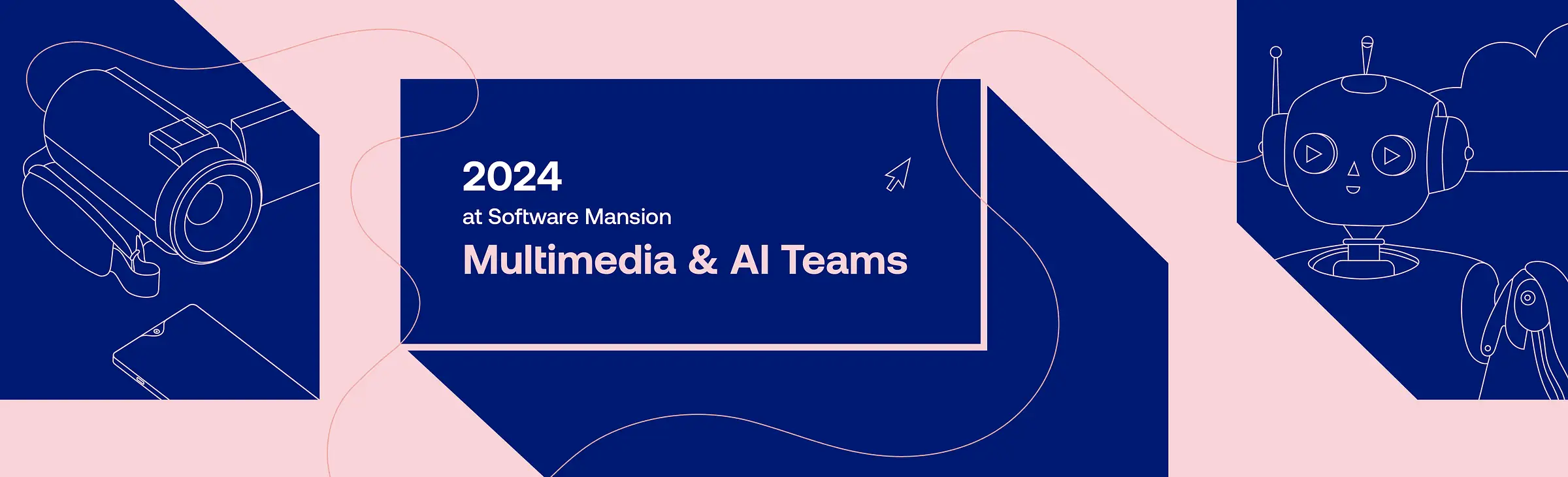 2024 at Software Mansion Multimedia and AI Teams title with line-art camera, robot, and headphones