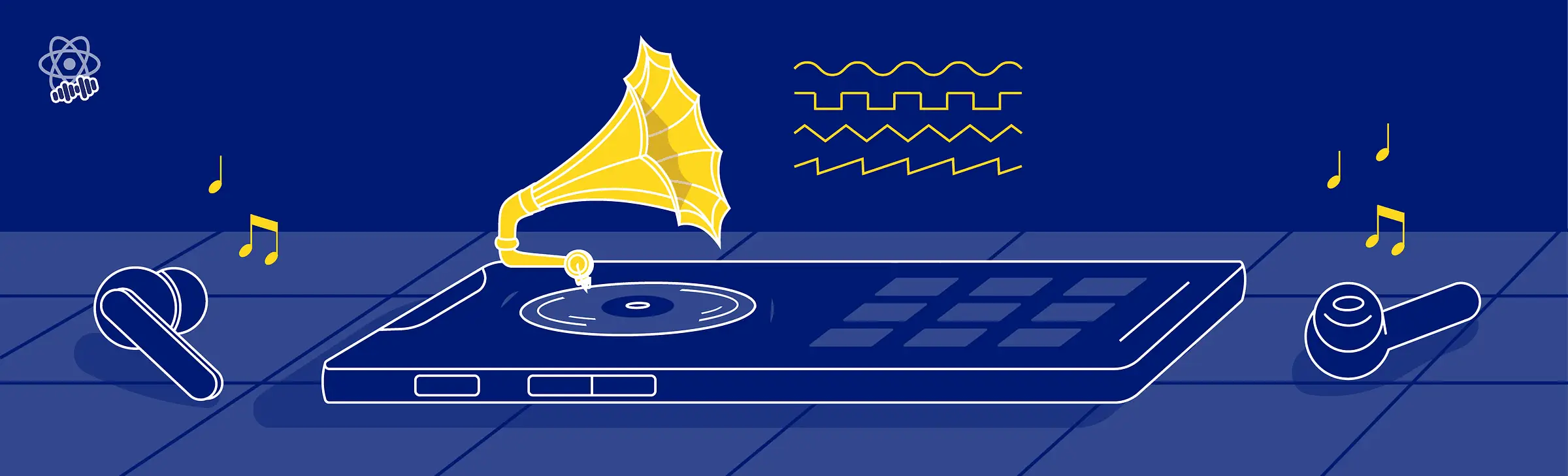 Smartphone turntable with a gramophone horn, earbuds, and floating music notes