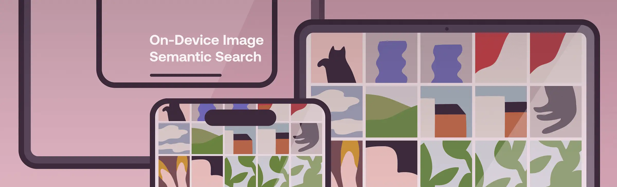 On-device image semantic search graphic with a phone and tablet showing a photo grid