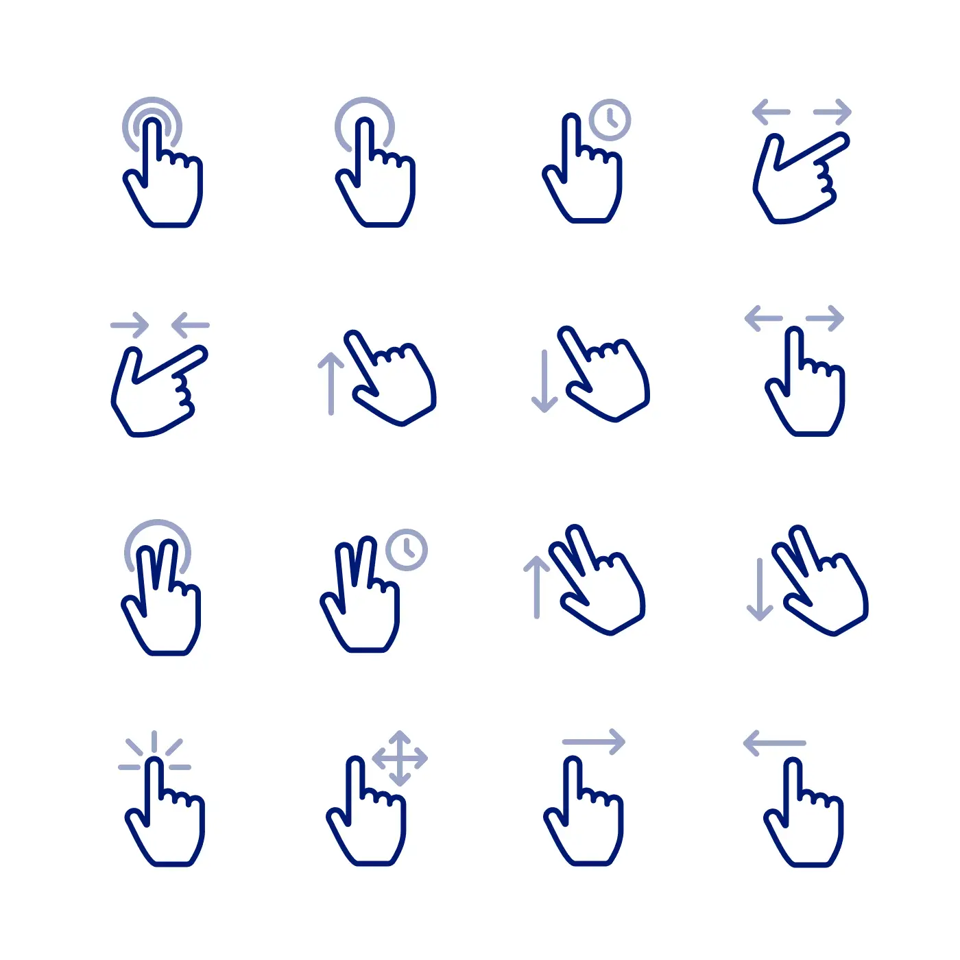 Grid of hand gesture icons for taps, swipes, and presses